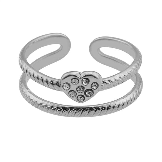RENEE Silver Toned White Gold: Double Stacked Zirconia (CZ) Embellished Heart Ring - Velora