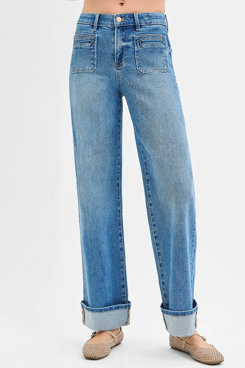 RISEN Full Size Elastic Band Mid Rise Wide Front Patch Pocket Cuff Jeans Plus Size - Velora Luxury Fashion