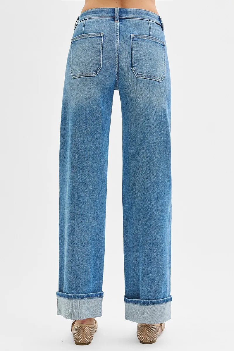 RISEN Full Size Elastic Band Mid Rise Wide Front Patch Pocket Cuff Jeans Plus Size - Velora Luxury Fashion