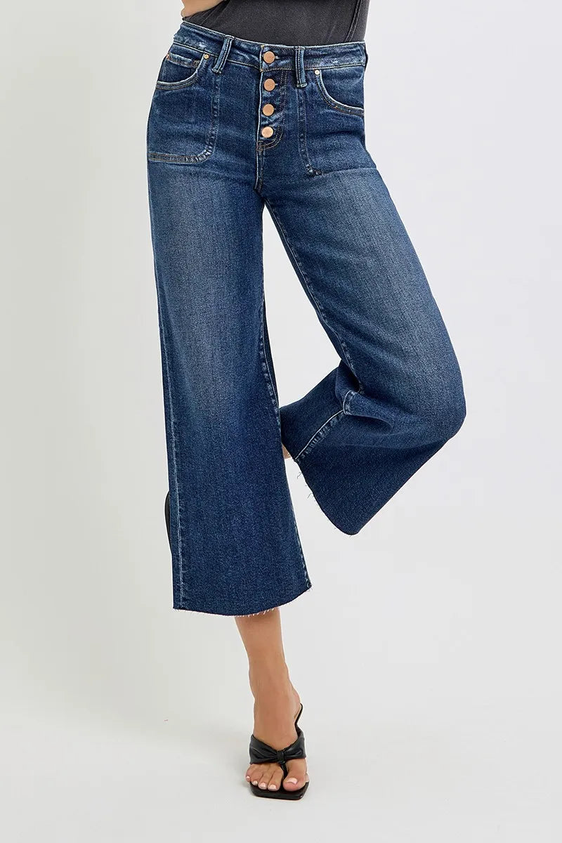 RISEN Full Size High Rise Crop Wide Button Up Jeans Plus Size - Velora Luxury Fashion