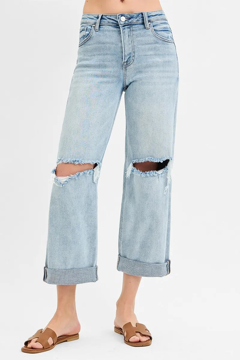 RISEN Full Size Mid Rise Fit Boyfriend Jeans with Cuff Plus Size - Velora Luxury Fashion
