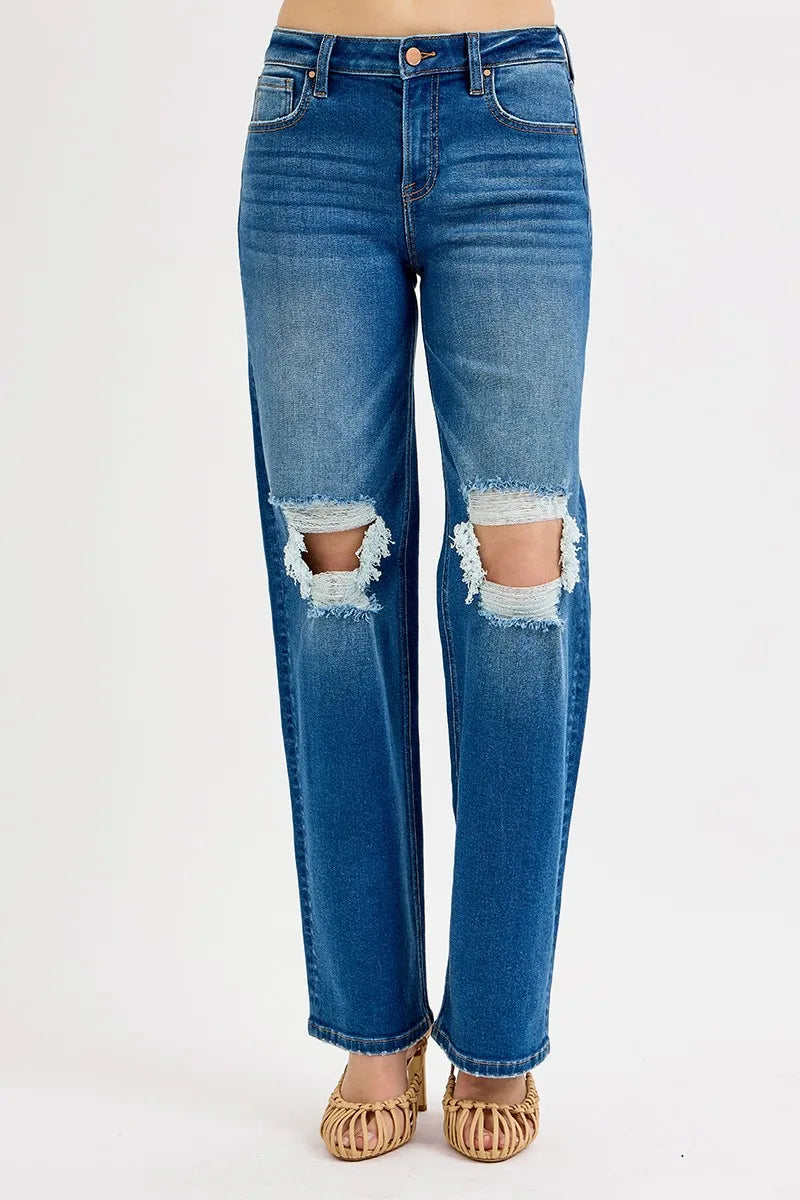 RISEN Full Size Mid Waist Fit Boyfriend Knee Distressed Jeans Plus Size - Velora Luxury Fashion