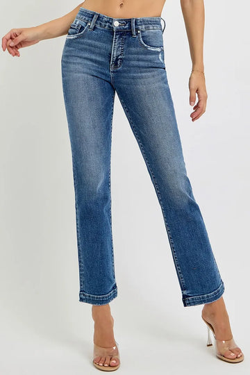 RISEN Full Size Tummy Control Elastic Band Mid Rise Straight Jeans Plus Size - Velora Luxury Fashion