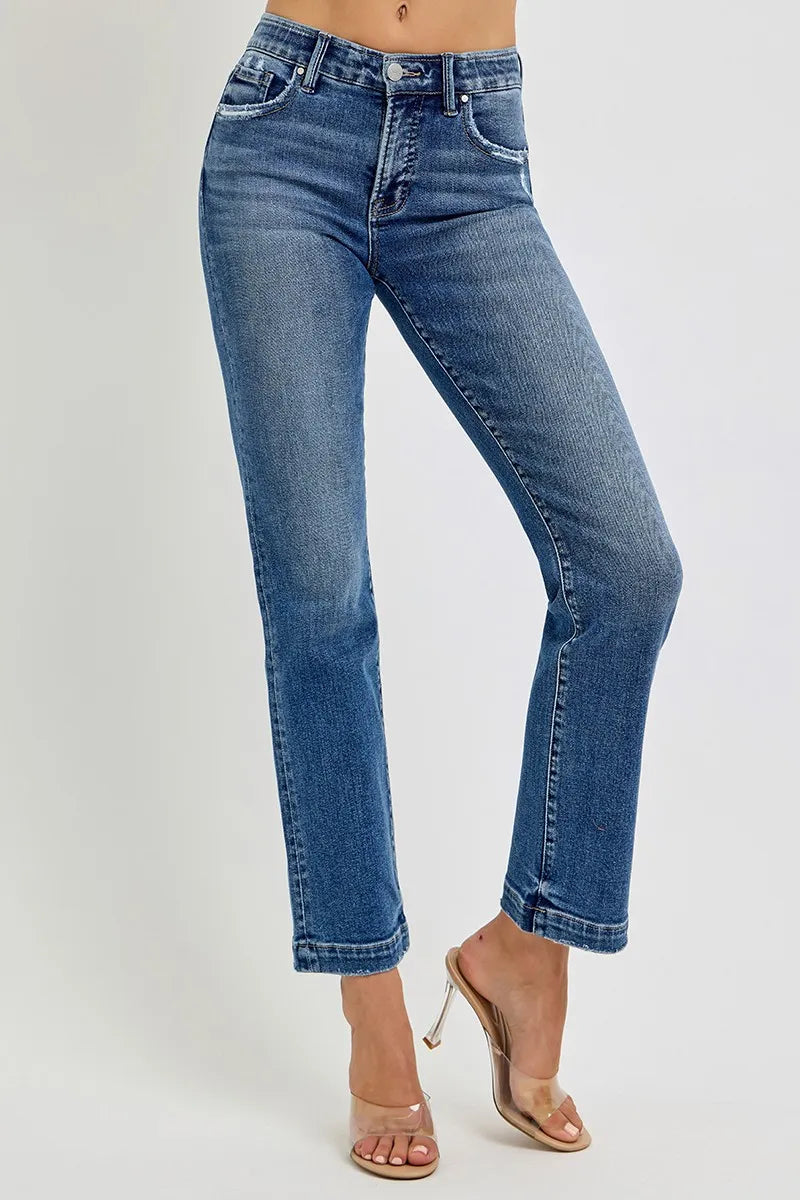 RISEN Full Size Tummy Control Elastic Band Mid Rise Straight Jeans Plus Size - Velora Luxury Fashion