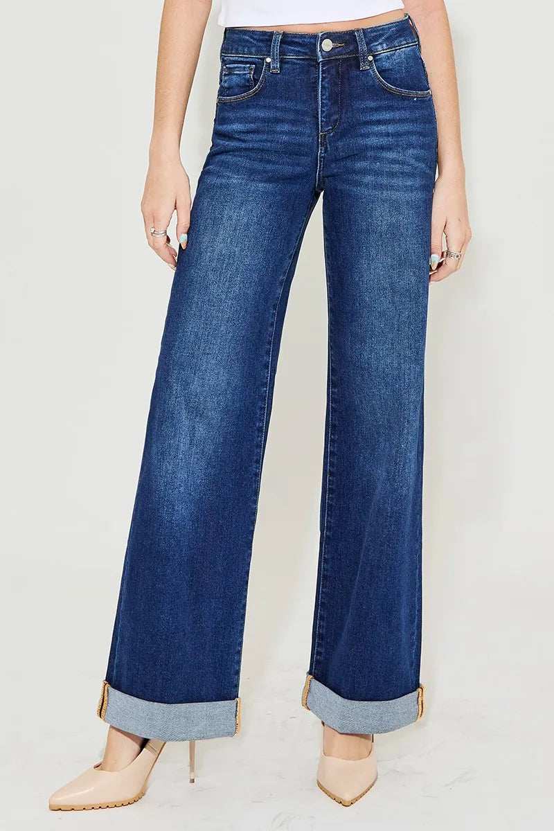 RISEN Full Size Tummy Control High Rise Wide Leg Cuffed Jeans Plus Size - Velora Luxury Fashion