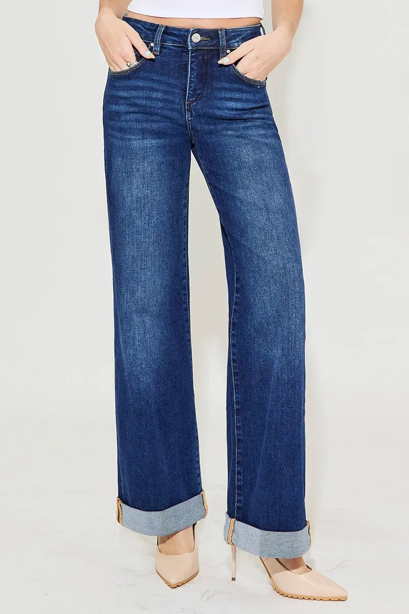 RISEN Full Size Tummy Control High Rise Wide Leg Cuffed Jeans Plus Size - Velora Luxury Fashion