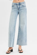 RISEN Full Size Tummy Control Low Rise Wide Leg Raw Cut Hem Jeans Plus Size - Velora Luxury Fashion