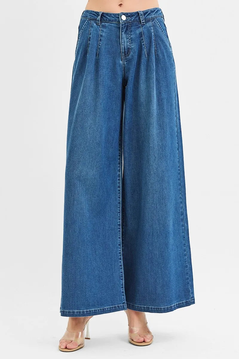 RISEN Mid Rise Fit Wide Leg Knit Denim Look Jeans - Velora Luxury Fashion