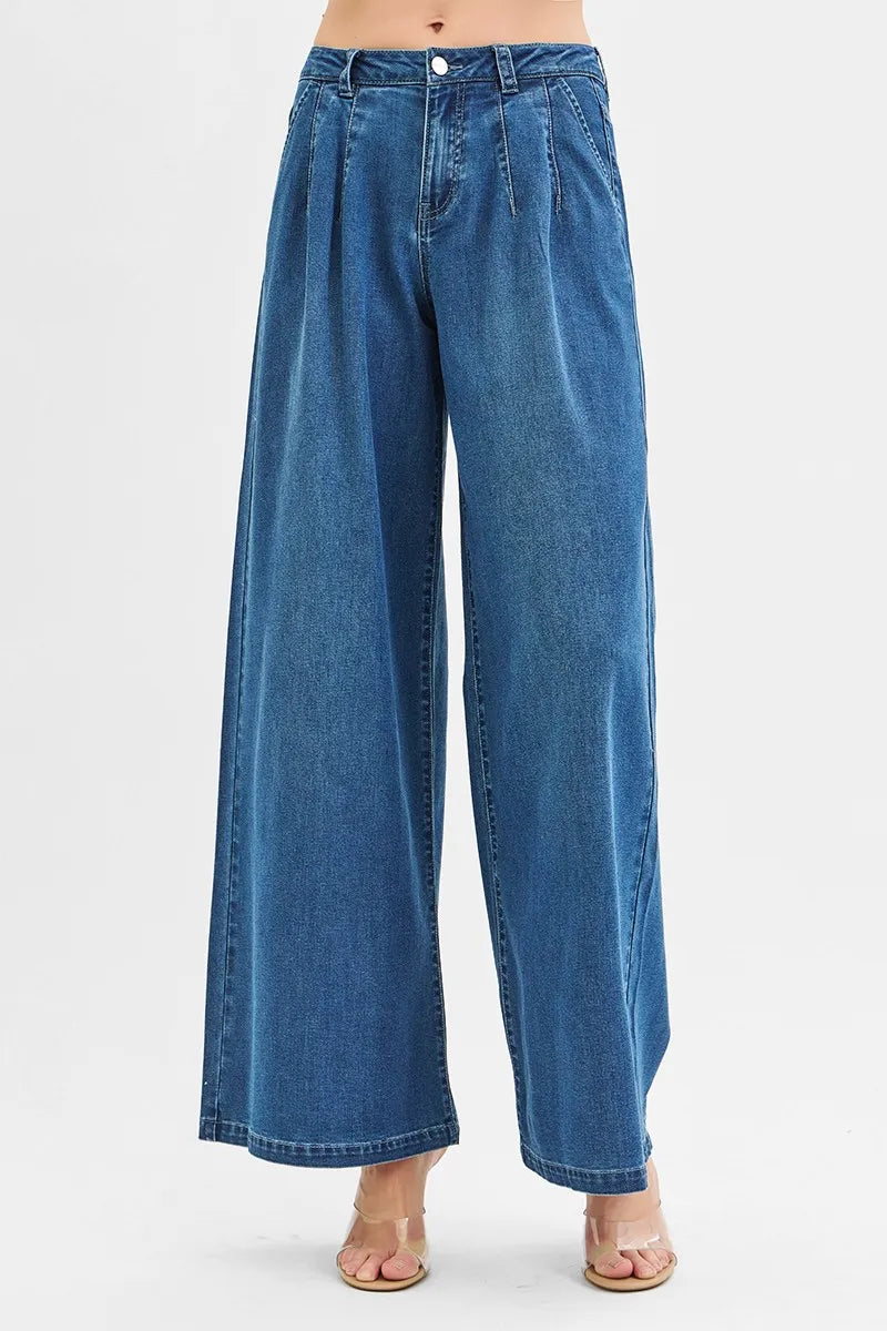RISEN Mid Rise Fit Wide Leg Knit Denim Look Jeans - Velora Luxury Fashion