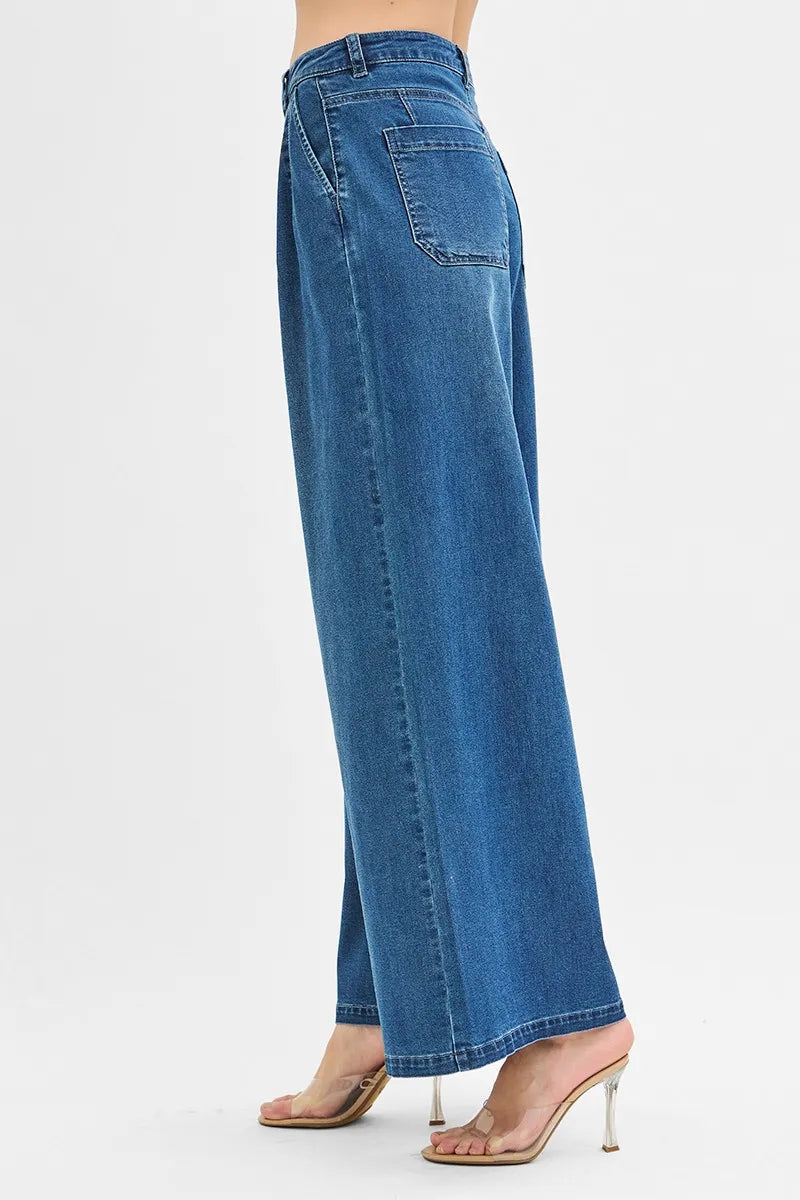 RISEN Mid Rise Fit Wide Leg Knit Denim Look Jeans - Velora Luxury Fashion