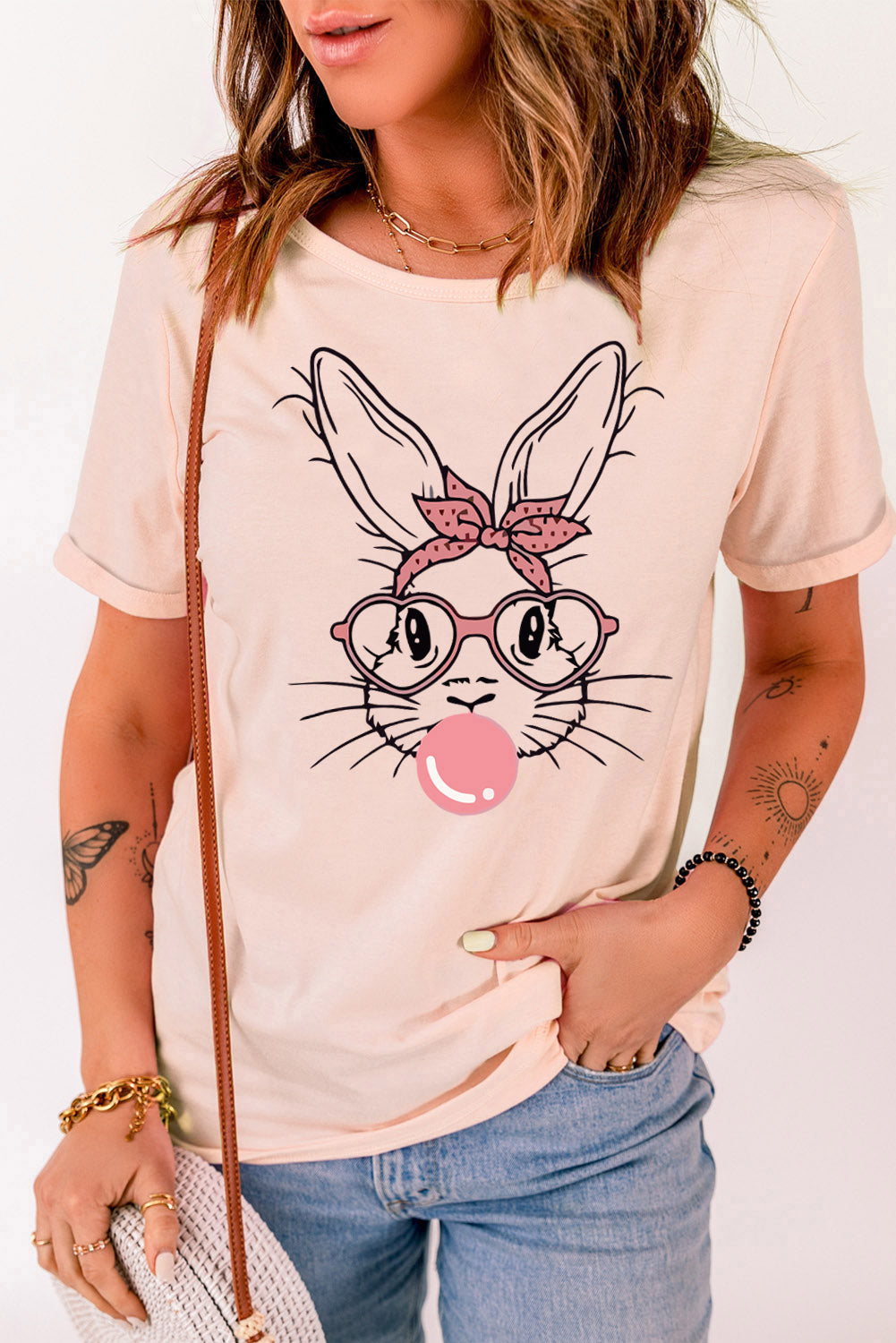 Rabbit Graphic Round Neck Short Sleeve T-Shirt - Velora Luxury Fashion