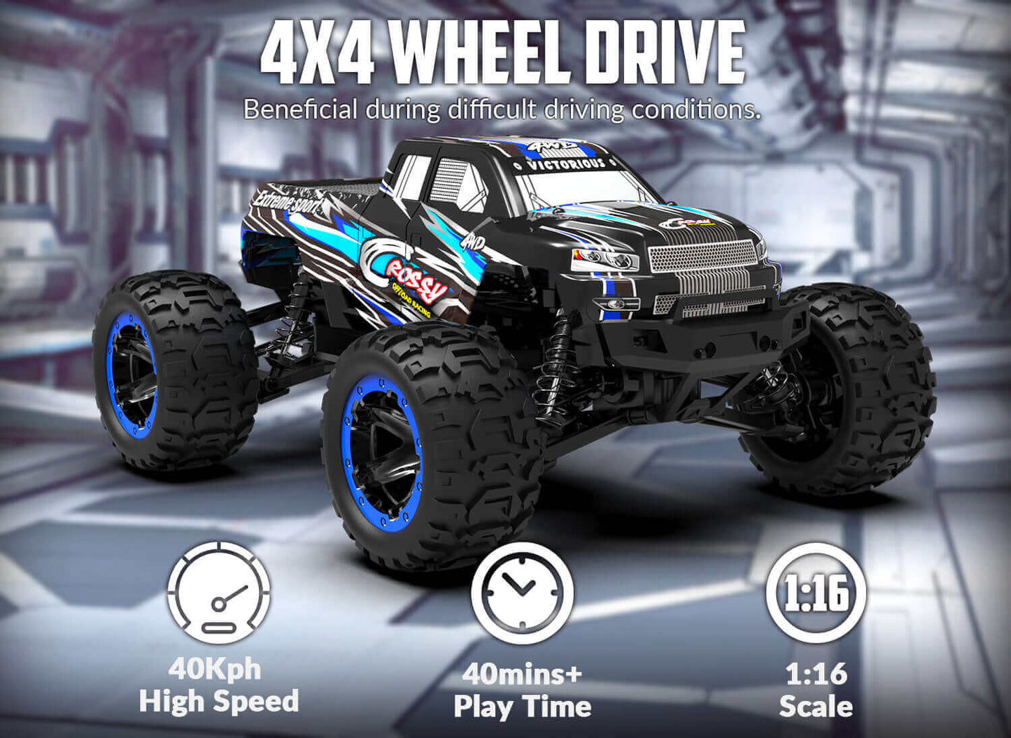 Racent Crossy 1/16 Scale 4x4 RC Monster Truck - 30mph Fast, High Speed, Off Road - Velora Luxury Fashion