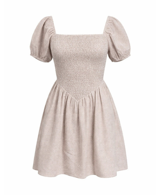 Ramona - Smocked Puff Sleeve Square Neck Dress Tan Gingham