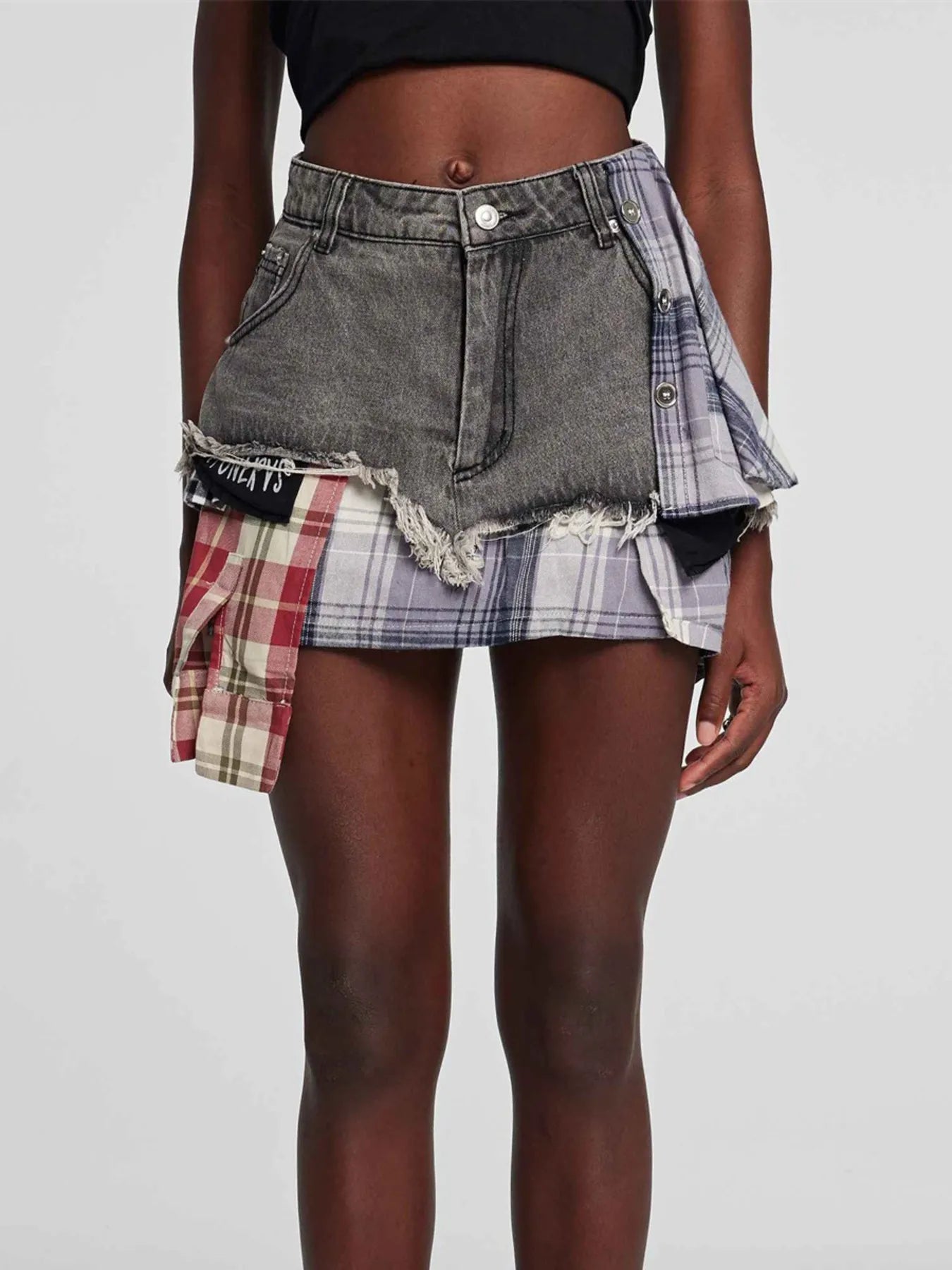 Raw Hem Denim Mini Skirt with Plaid Patch Details - Velora Luxury Fashion