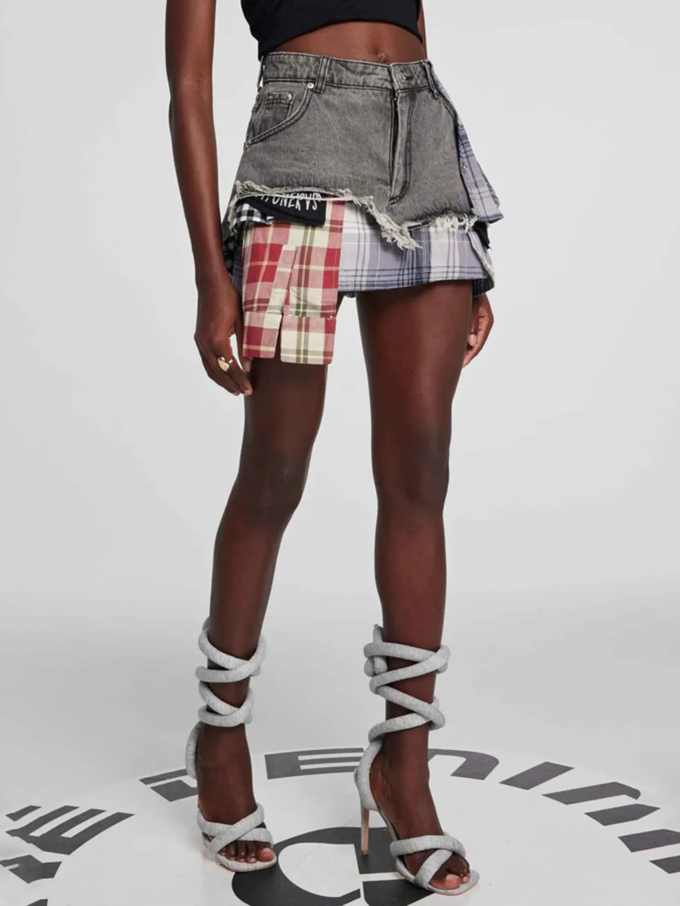 Raw Hem Denim Mini Skirt with Plaid Patch Details - Velora Luxury Fashion