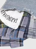 Raw Hem Denim Mini Skirt with Plaid Patch Details - Velora Luxury Fashion