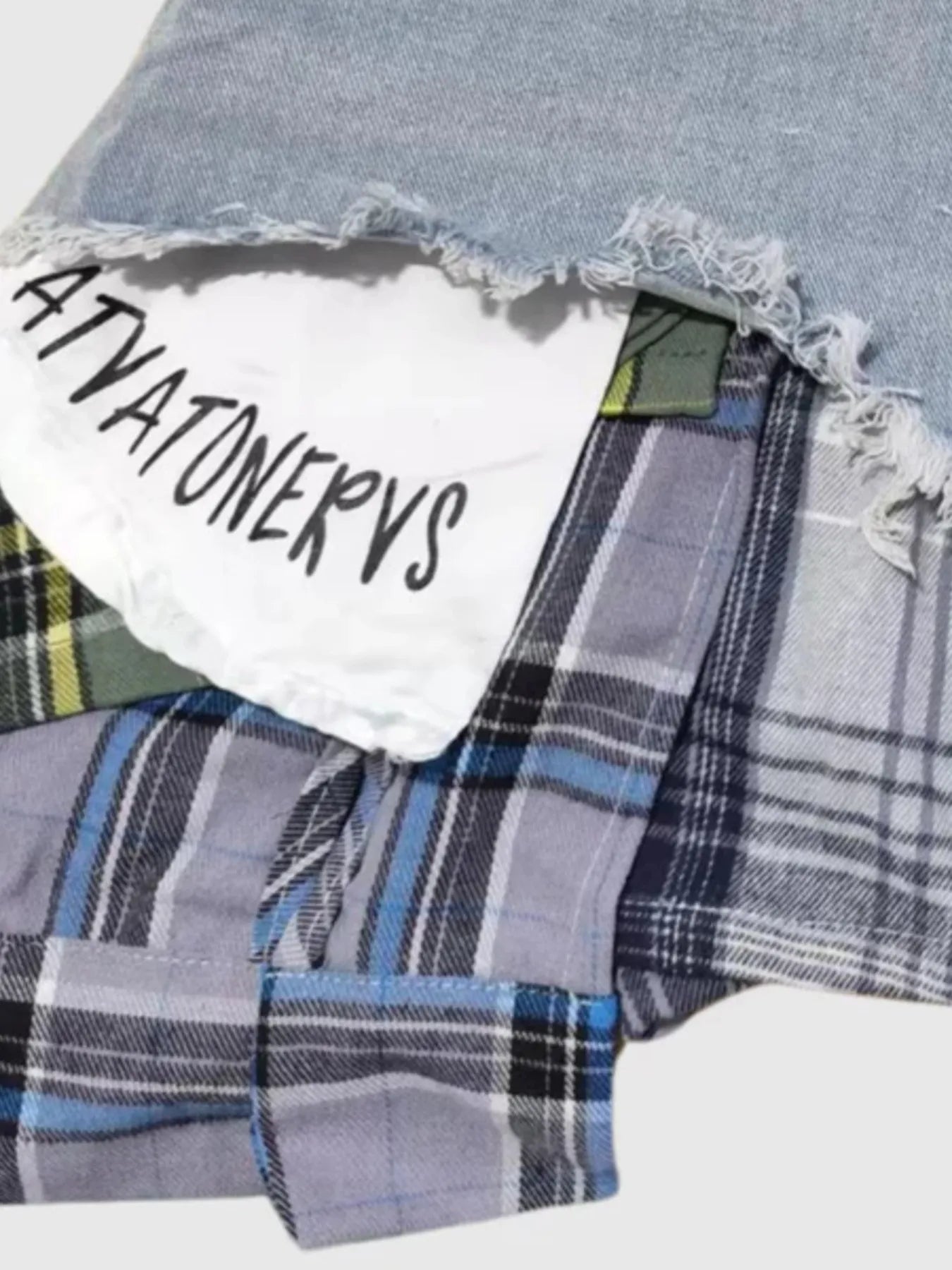 Raw Hem Denim Mini Skirt with Plaid Patch Details - Velora Luxury Fashion