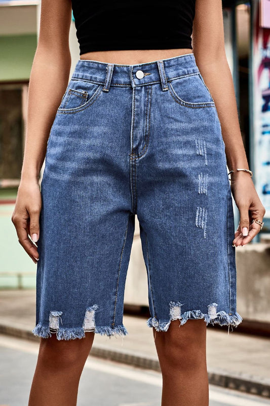 Raw Hem High Waist Denim Shorts with Pockets - Velora Luxury Fashion