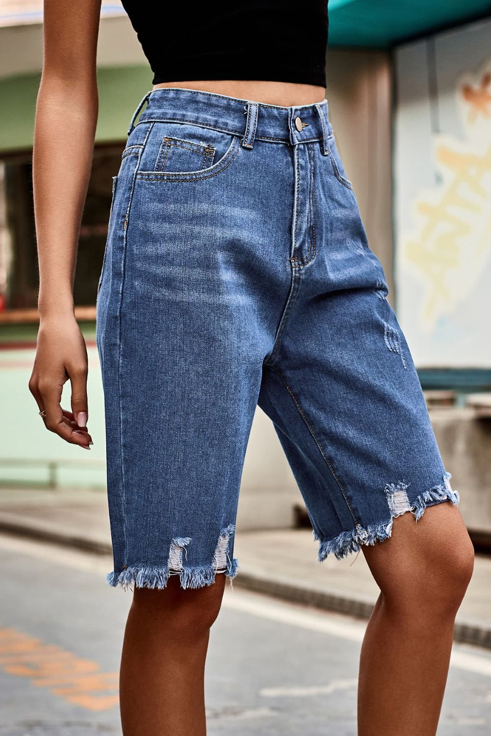 Raw Hem High Waist Denim Shorts with Pockets - Velora Luxury Fashion