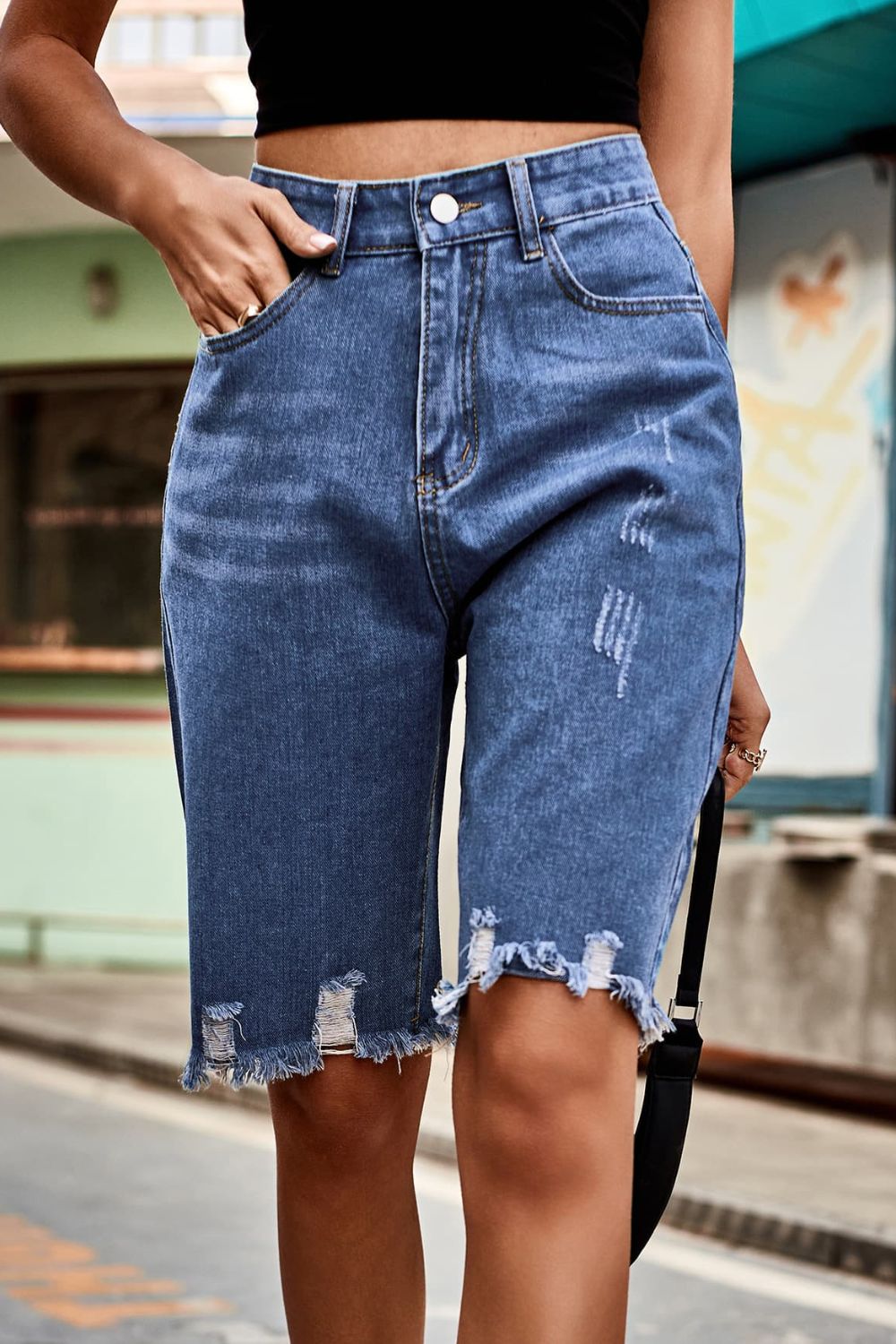 Raw Hem High Waist Denim Shorts with Pockets - Velora Luxury Fashion