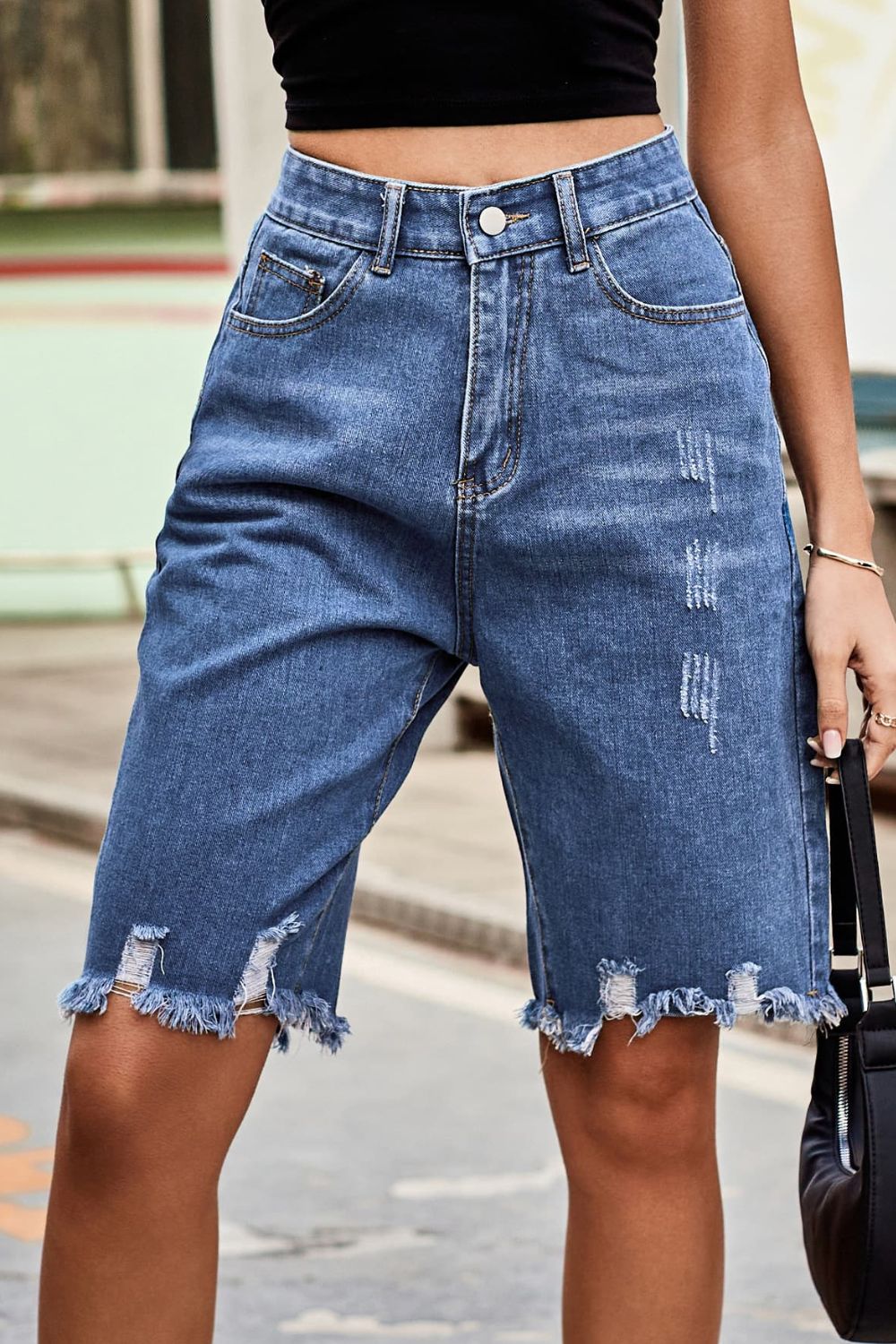 Raw Hem High Waist Denim Shorts with Pockets - Velora Luxury Fashion