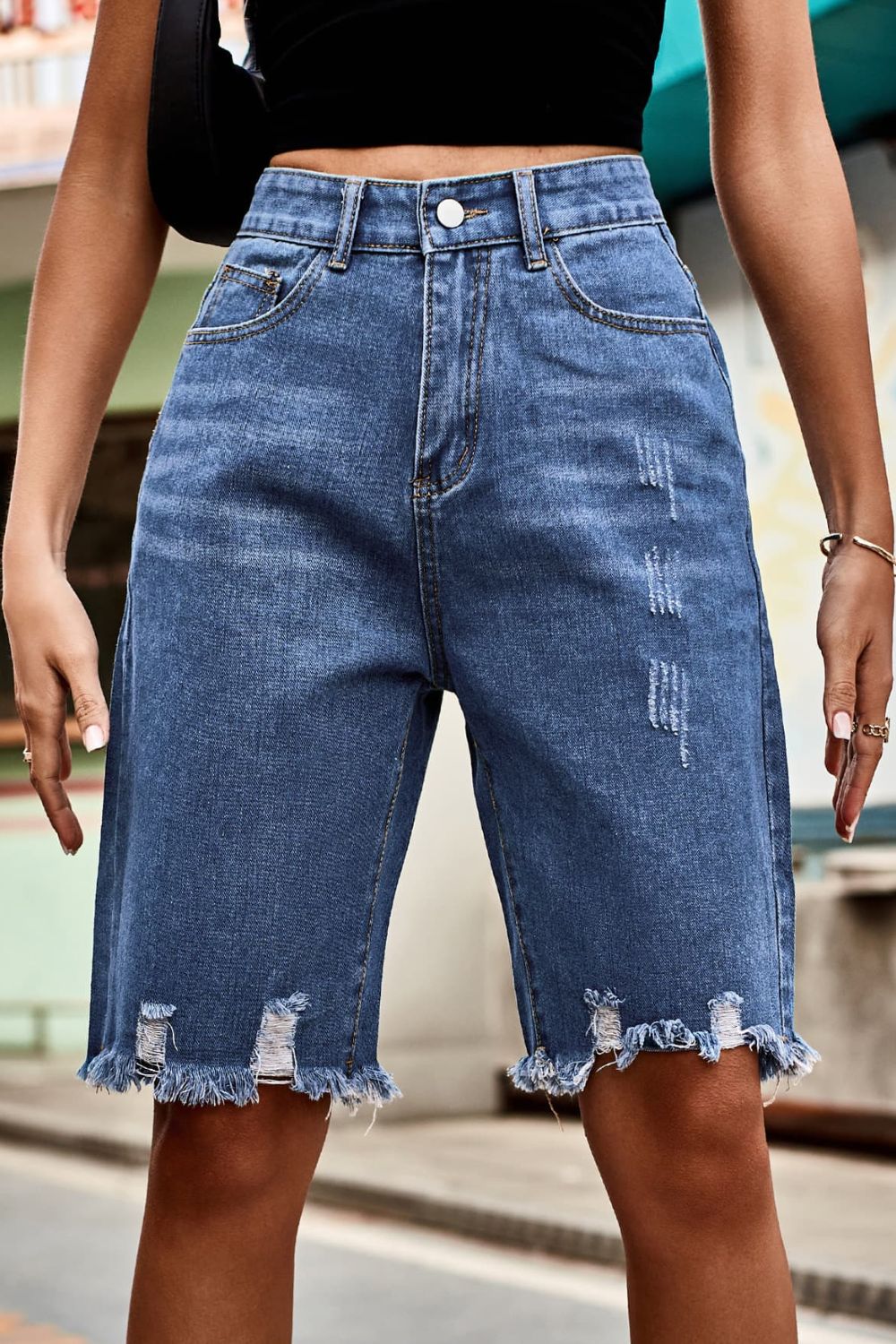 Raw Hem High Waist Denim Shorts with Pockets - Velora Luxury Fashion