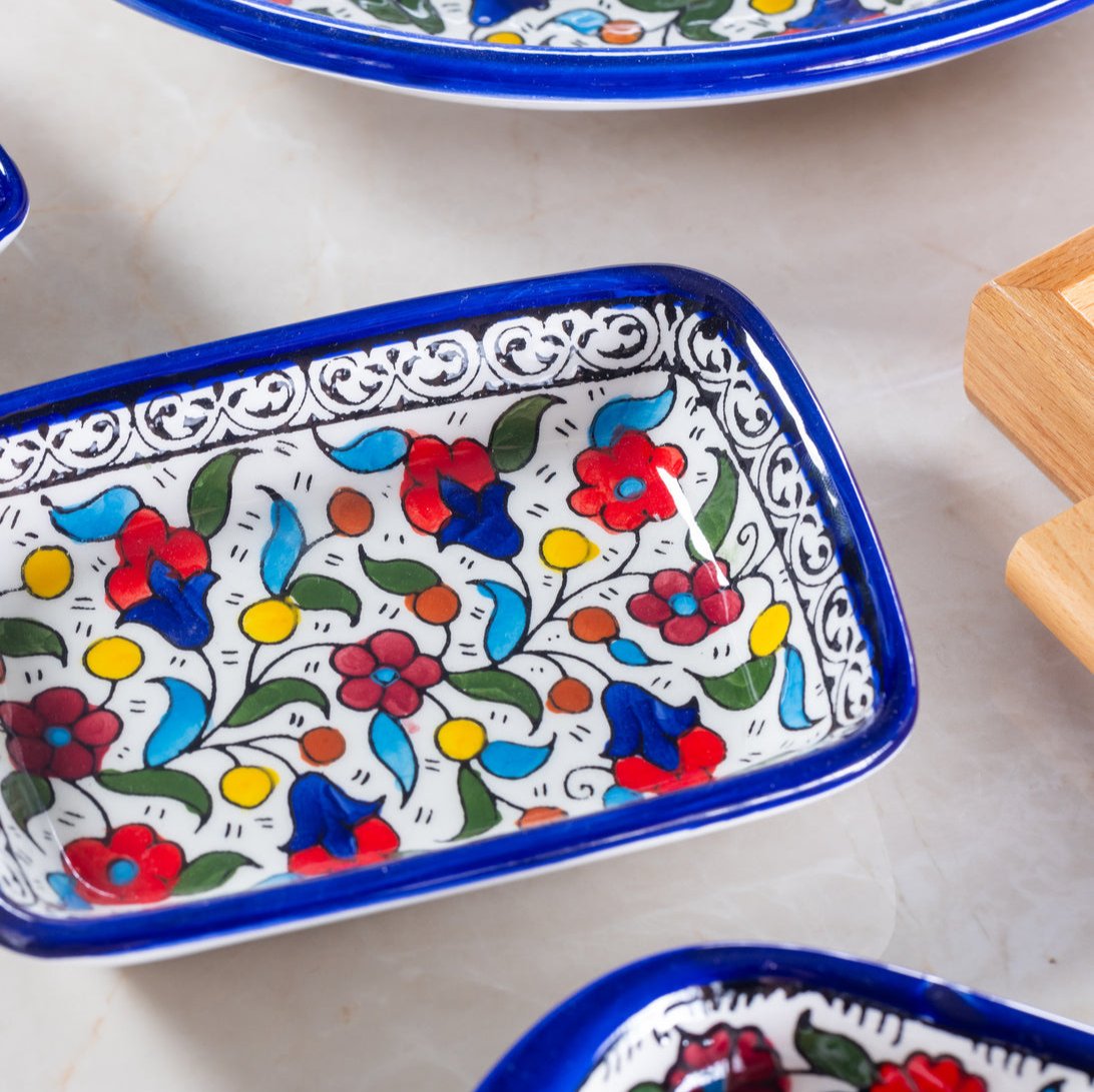Rectangular Side Dishes – Hand-Painted Palestinian Ceramic | Multicolor & Navy - Velora Luxury Fashion