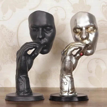 Retro Meditators Abstract Sculpture Man Smoking Cigar Face Statue.