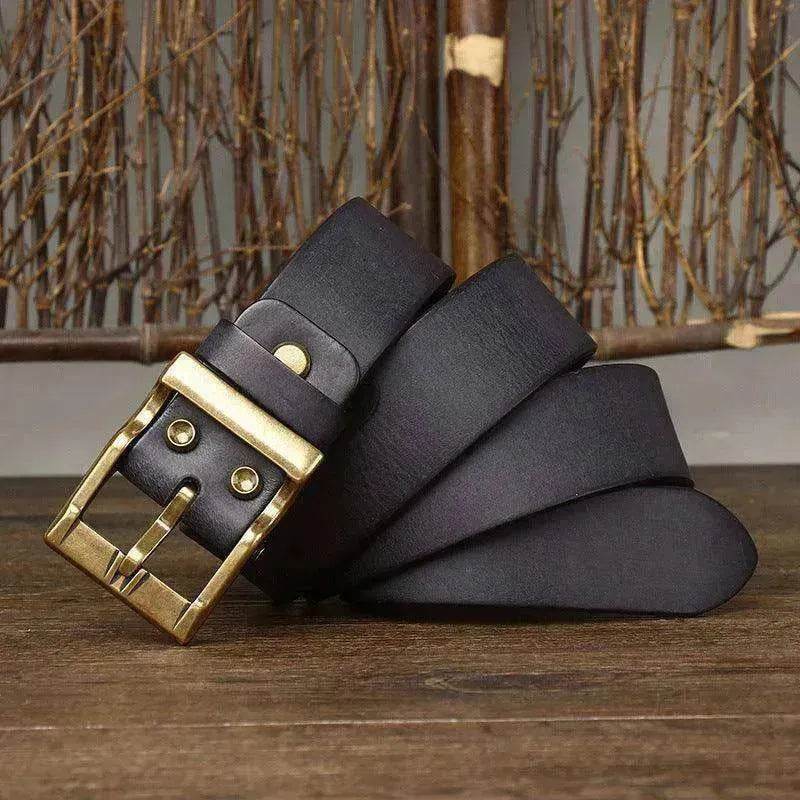 Retro Washed Matte Top-grain Leather Brass Buckle Belt - Velora