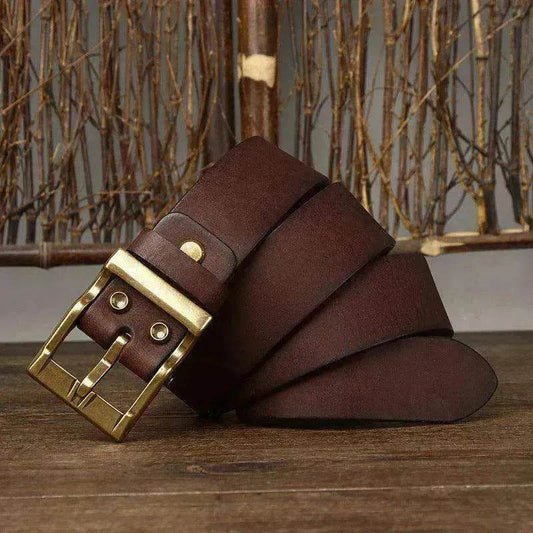 Retro Washed Matte Top-grain Leather Brass Buckle Belt - Velora