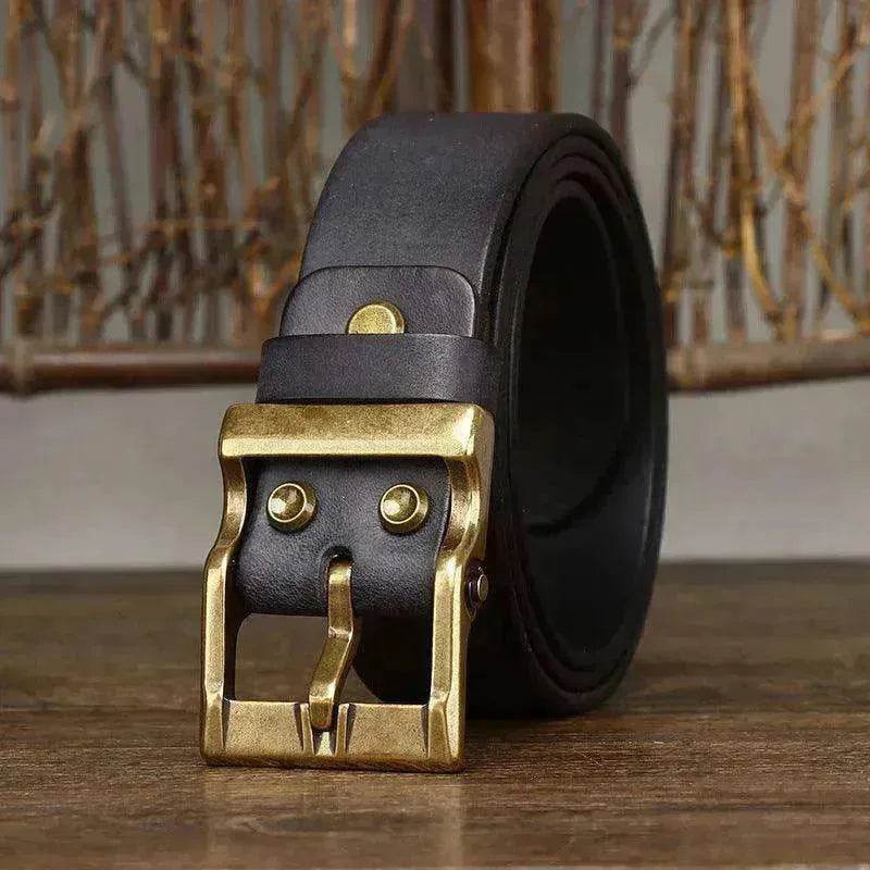 Retro Washed Matte Top-grain Leather Brass Buckle Belt - Velora