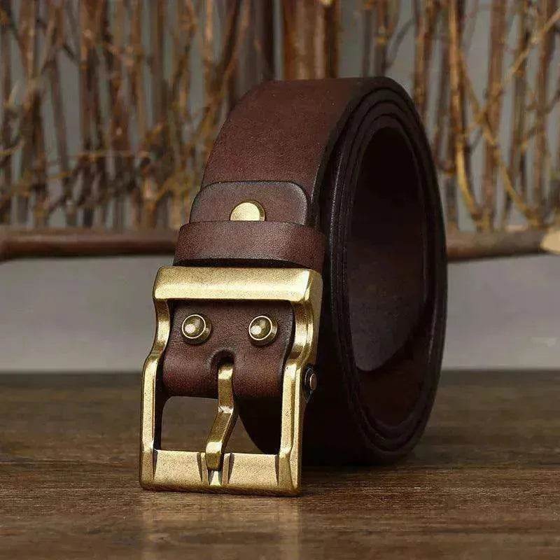 Retro Washed Matte Top-grain Leather Brass Buckle Belt - Velora