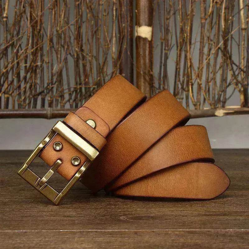 Retro Washed Matte Top-grain Leather Brass Buckle Belt - Velora
