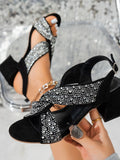 Rhinestone Block Heel Sandals - Velora Luxury Fashion