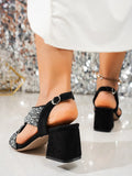 Rhinestone Block Heel Sandals - Velora Luxury Fashion