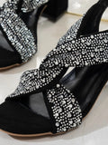 Rhinestone Block Heel Sandals - Velora Luxury Fashion