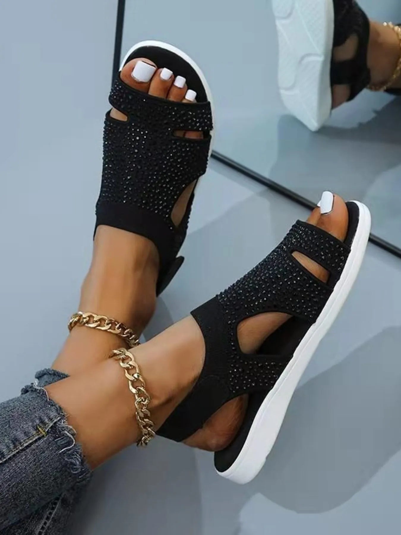 Rhinestone Embellished Cutout Sandals - Velora Luxury Fashion