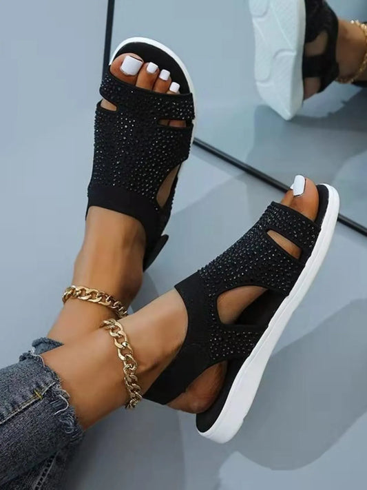 Rhinestone Embellished Cutout Sandals - Velora Luxury Fashion