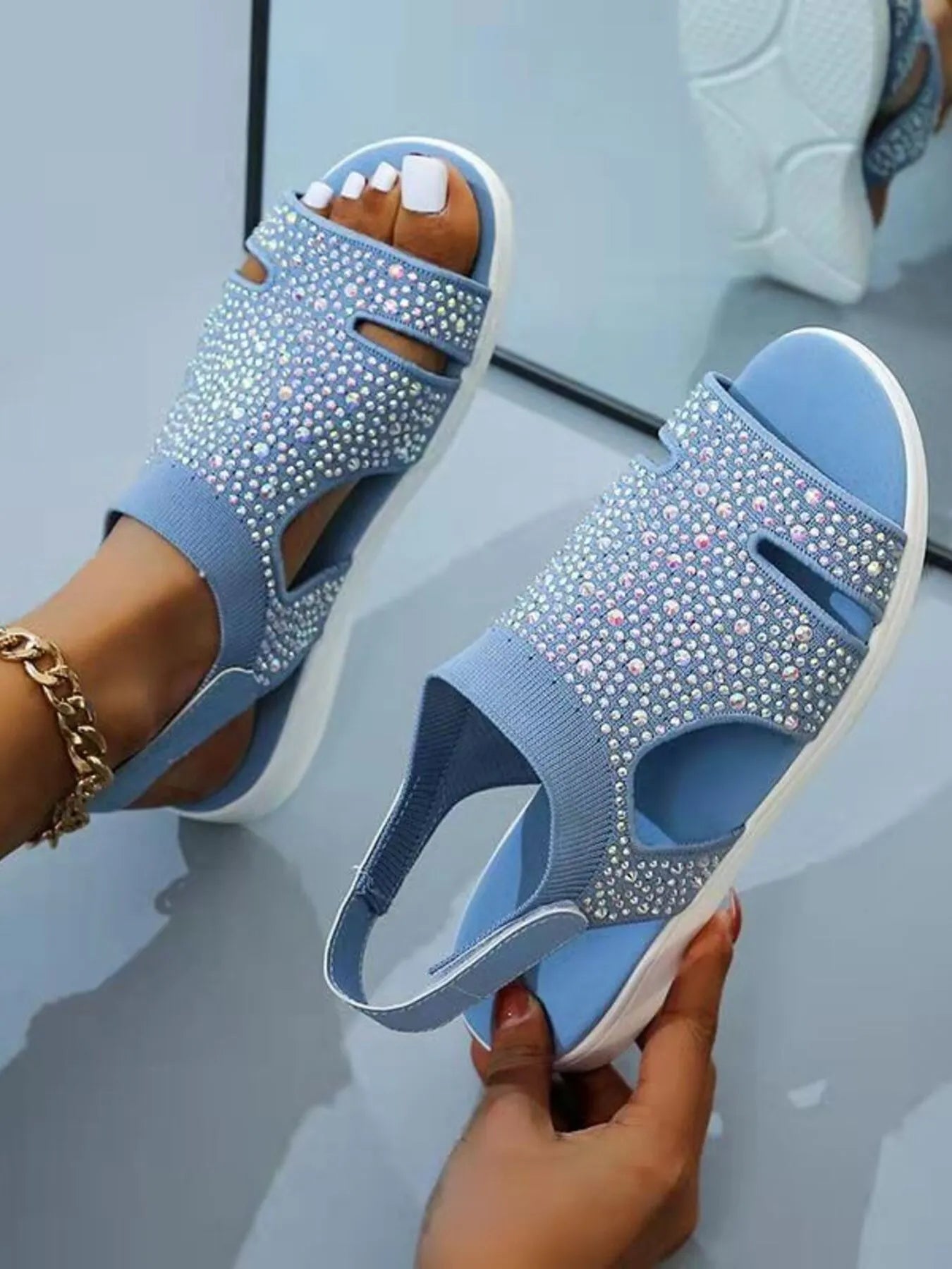 Rhinestone Embellished Cutout Sandals - Velora Luxury Fashion