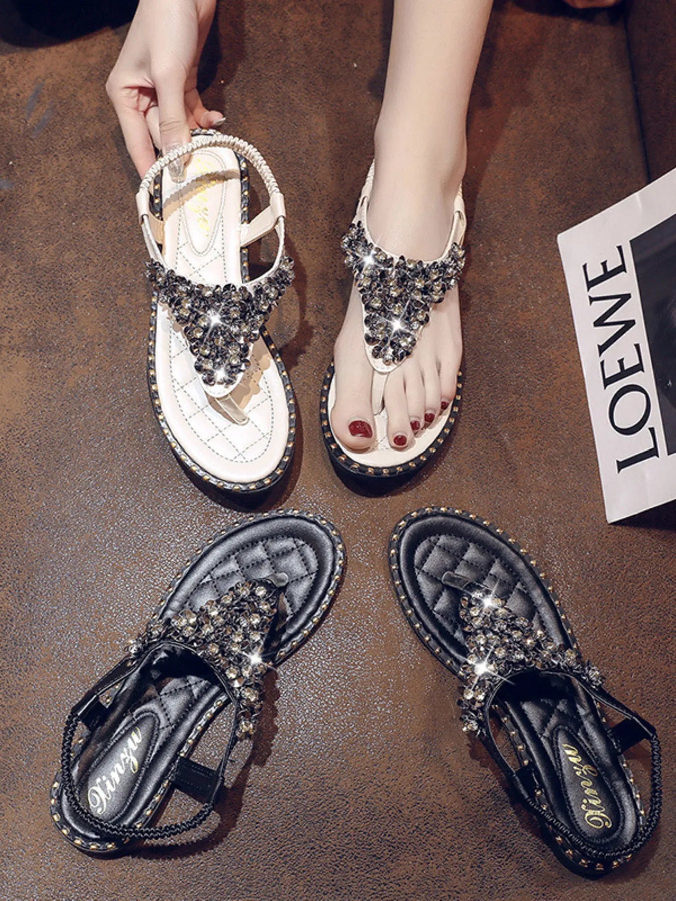 Rhinestone Embellished T-Strap Flat Sandals - Velora Luxury Fashion