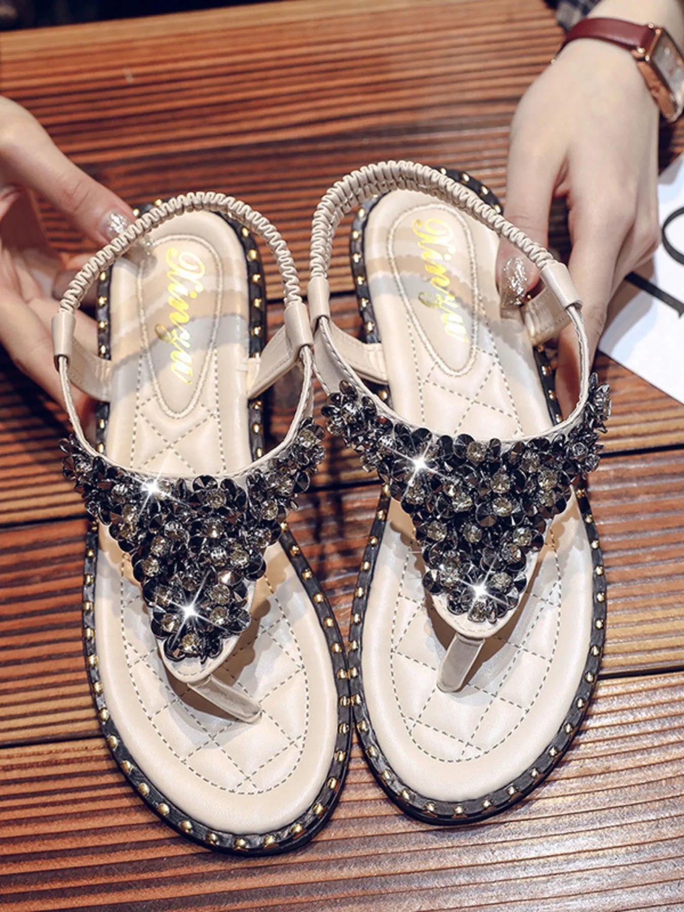 Rhinestone Embellished T-Strap Flat Sandals - Velora Luxury Fashion