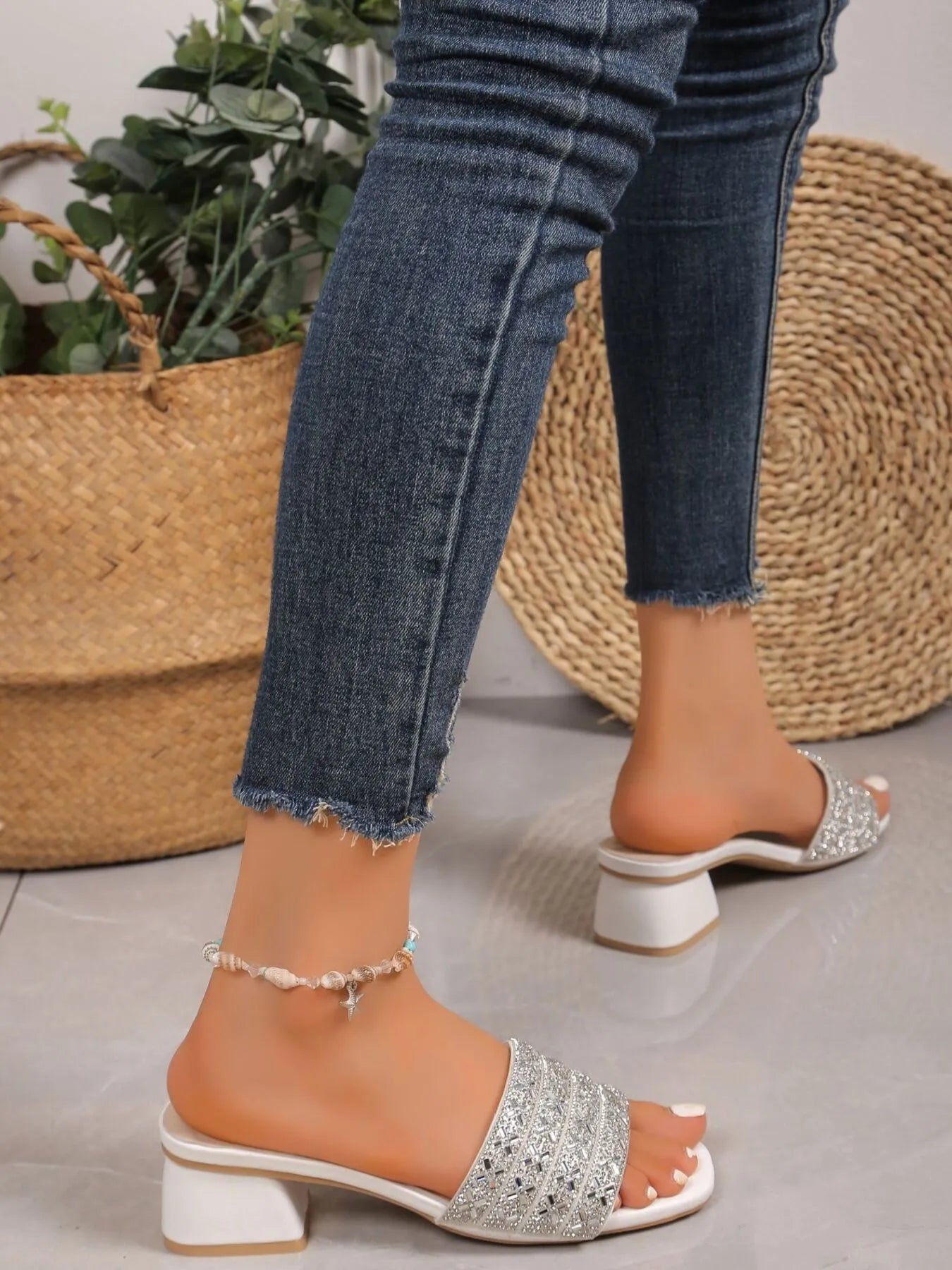 Rhinestone Open Toe Block Heels Sandals - Velora Luxury Fashion