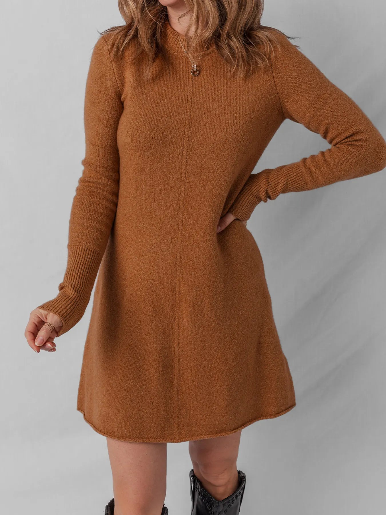 Ribbed Detail Solid Color Mini Sweater Dress - Velora Luxury Fashion