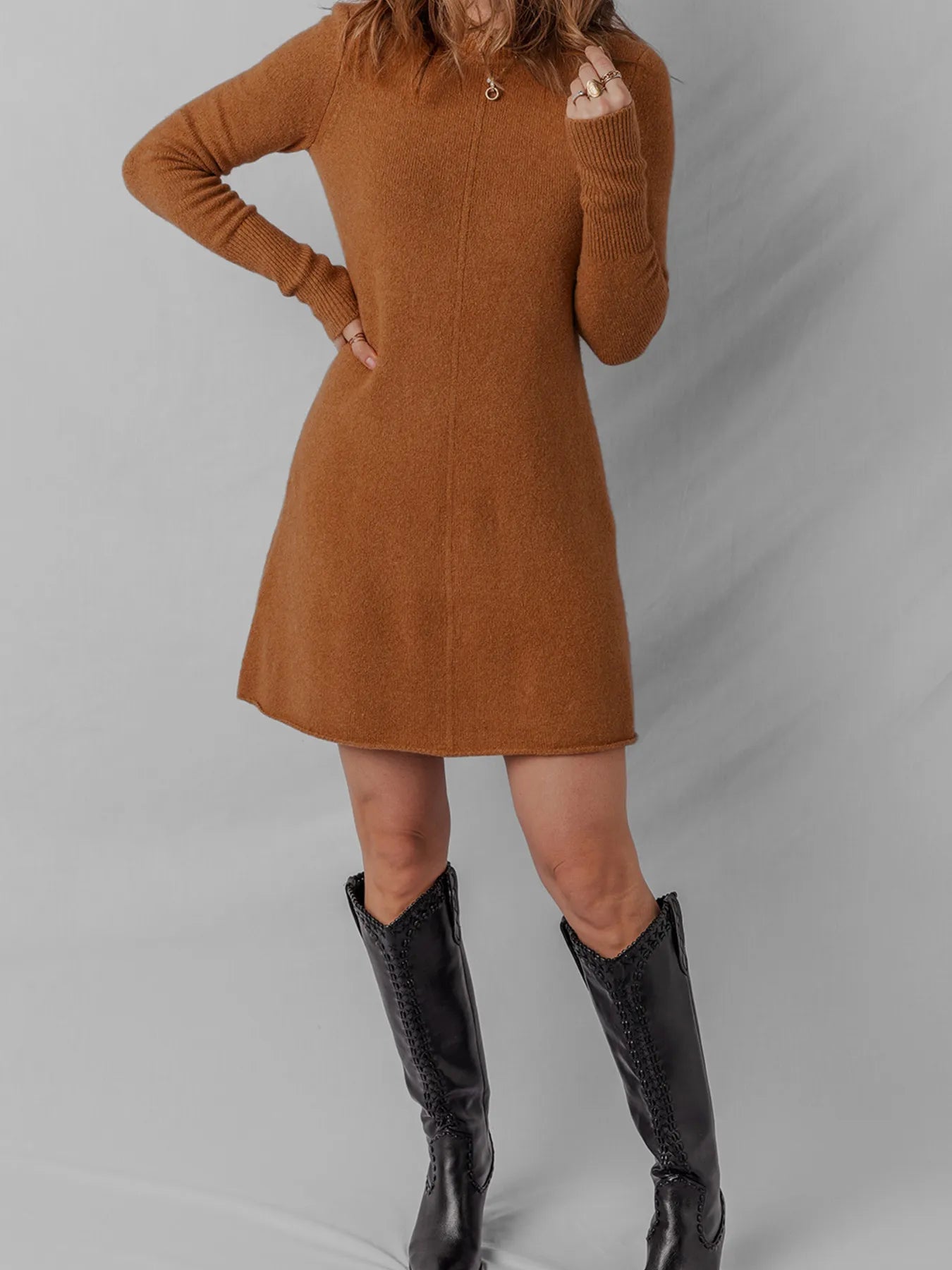 Ribbed Detail Solid Color Mini Sweater Dress - Velora Luxury Fashion
