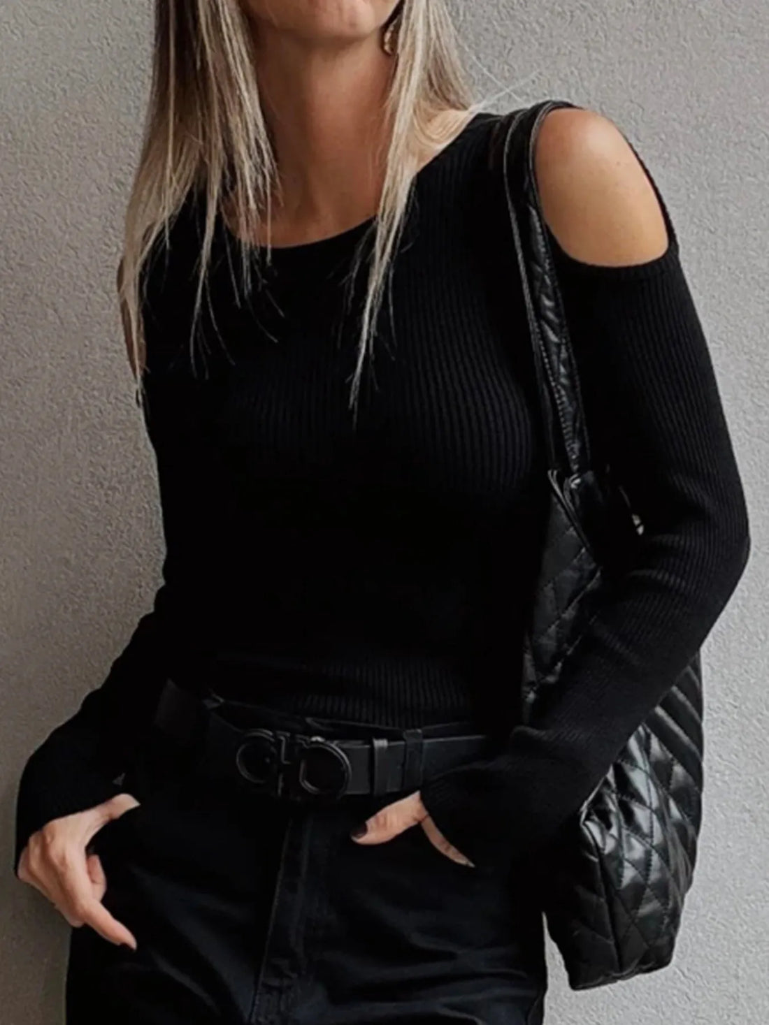 Ribbed Knit Cold Shoulder Sweater - Velora Luxury Fashion