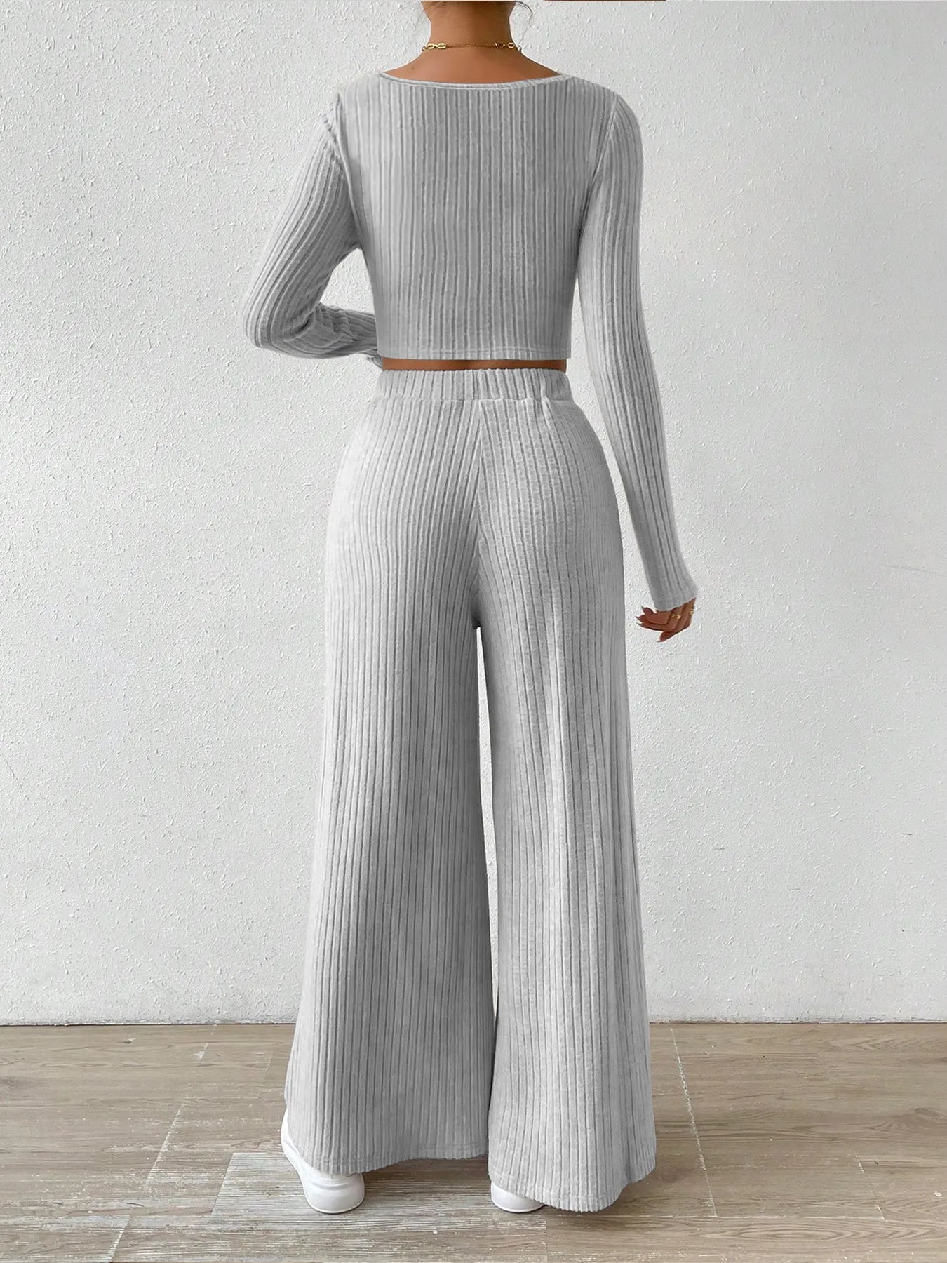 Ribbed Knit Crop Top and Wide Leg Pants Set - Velora Luxury Fashion
