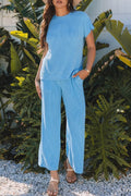 Ribbed Knit Round Neck Top and Pants Casual Set - Velora Luxury Fashion