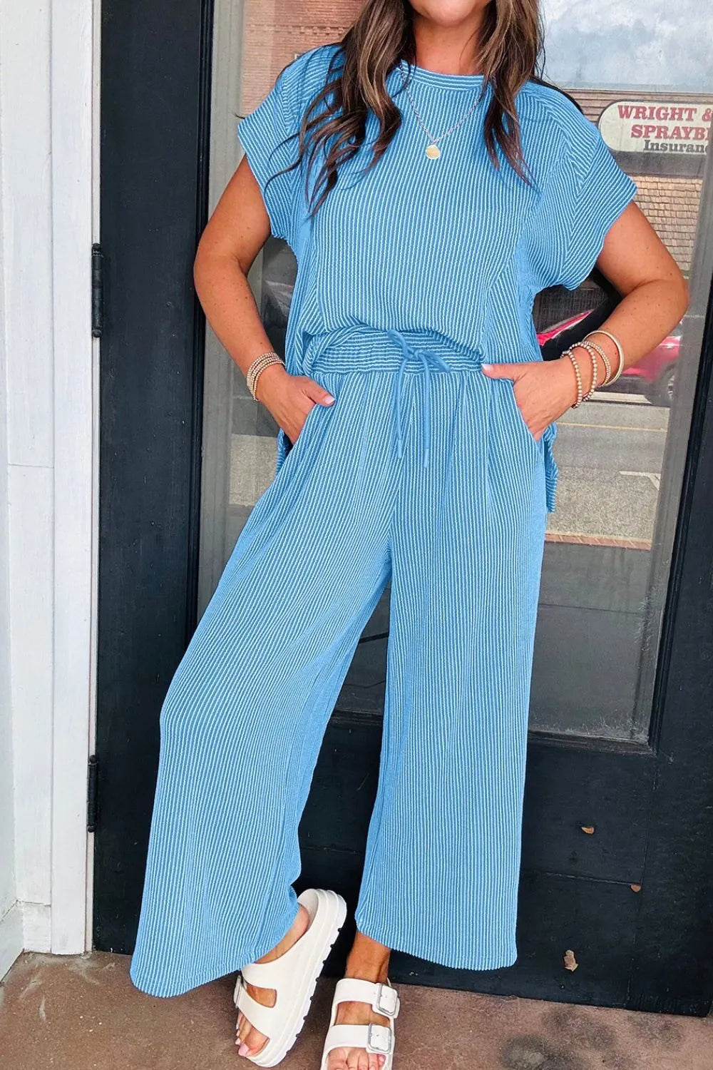 Ribbed Knit Round Neck Top and Pants Casual Set - Velora Luxury Fashion