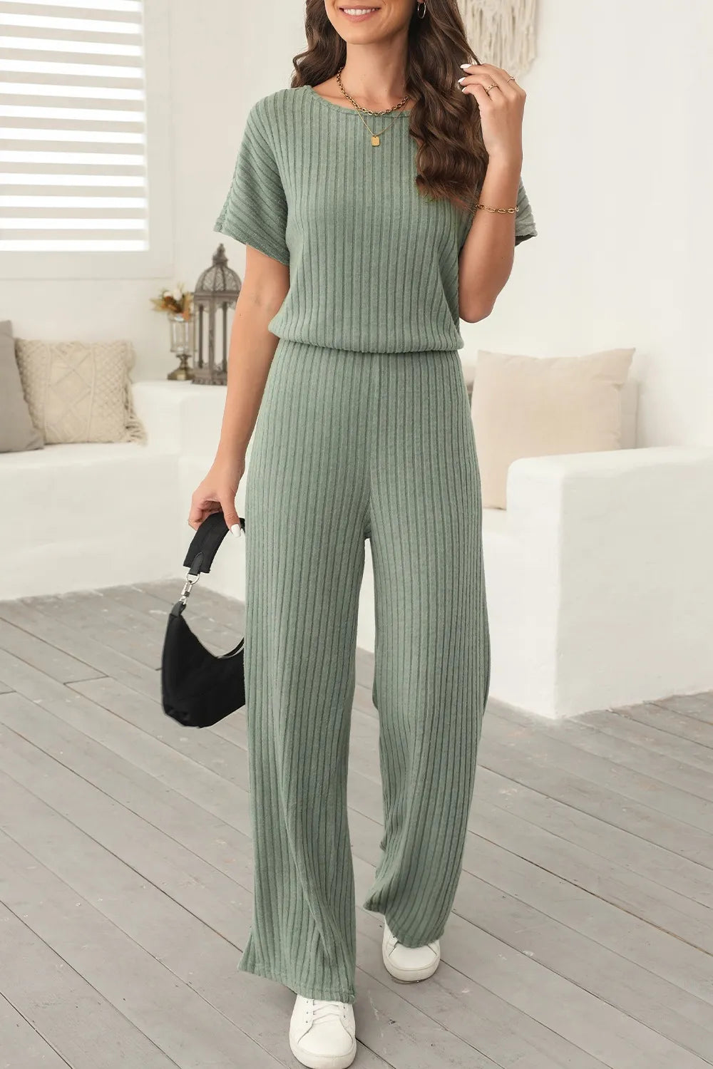 Ribbed Short Sleeve Wide Leg Jumpsuit - Velora Luxury Fashion