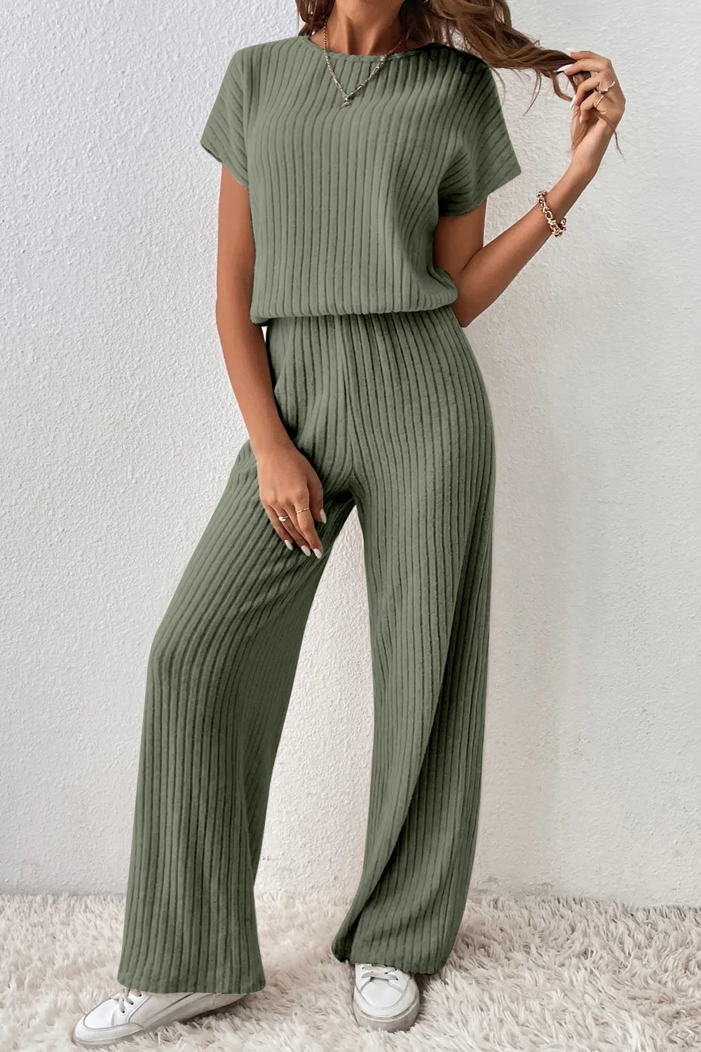 Ribbed Short Sleeve Wide Leg Jumpsuit - Velora Luxury Fashion